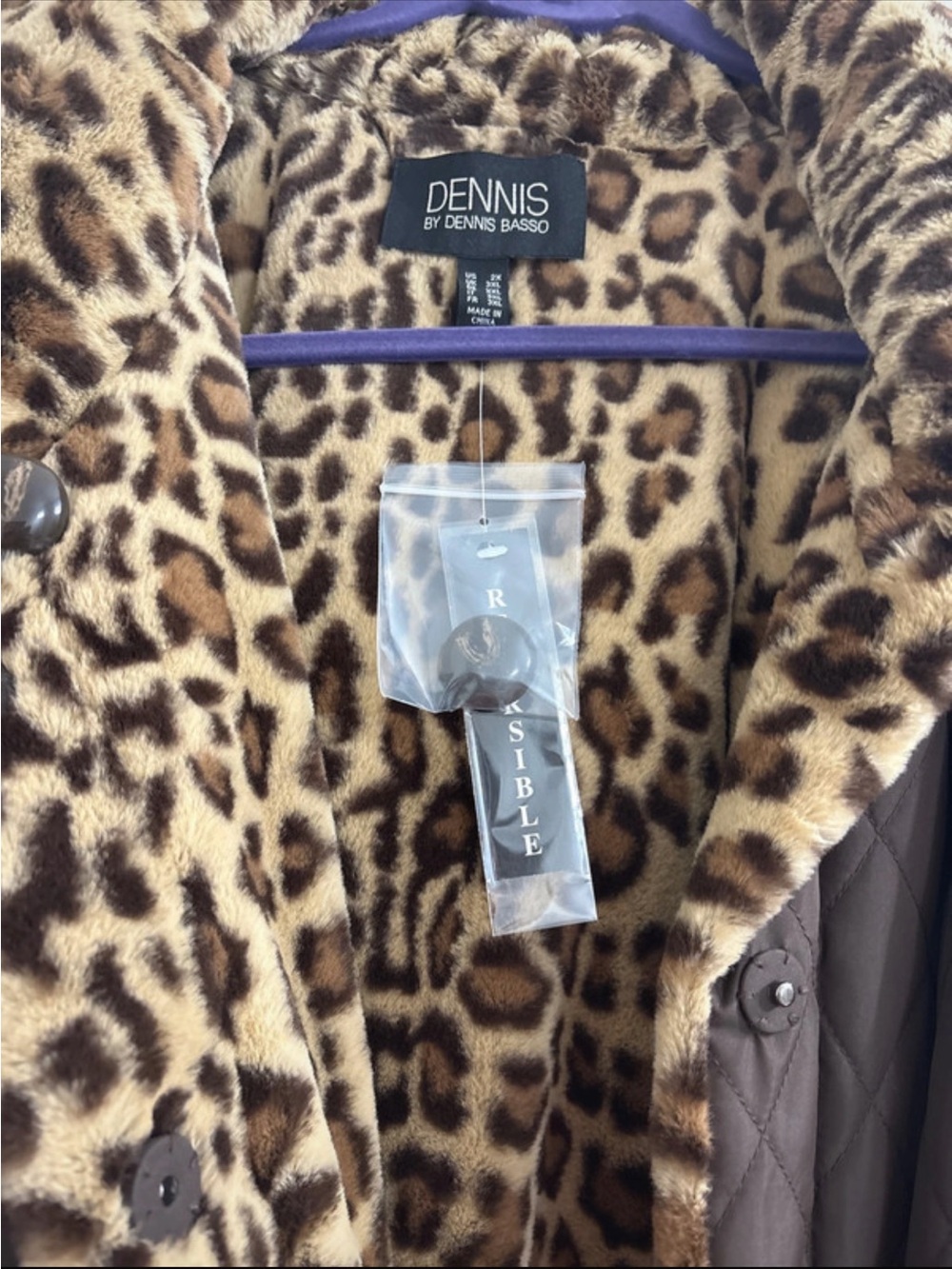 Dennis Basso Reversible Brown Quilted Coat with Leopard Faux-Fur. Size XXL. New - Picture 2 of 9